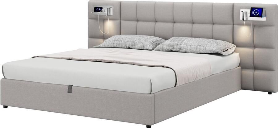Merax Tweepersoonsbed 180x200 cm met Hydraulisch Opbergruimte een Leeslamp Gestoffeerd Bed met USB Aansluiting en Draadloos Opladen Grijs