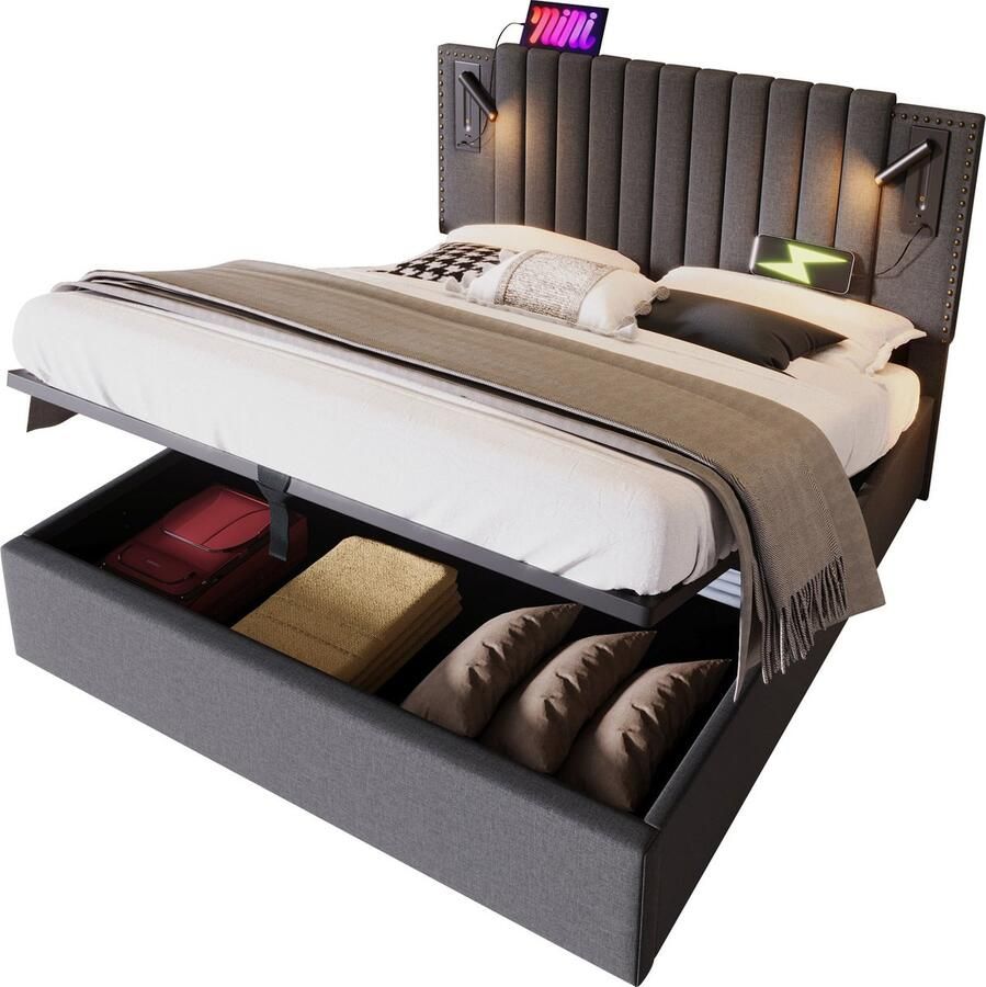 Merax Gestoffeerd Bed 180x200 cm met Opbergruimte USB Oplaadfunctie en Leeslampje Hoofdbord met Nietenontwerp Inclusief Lattenbodem Grijs (Zonder Matras)