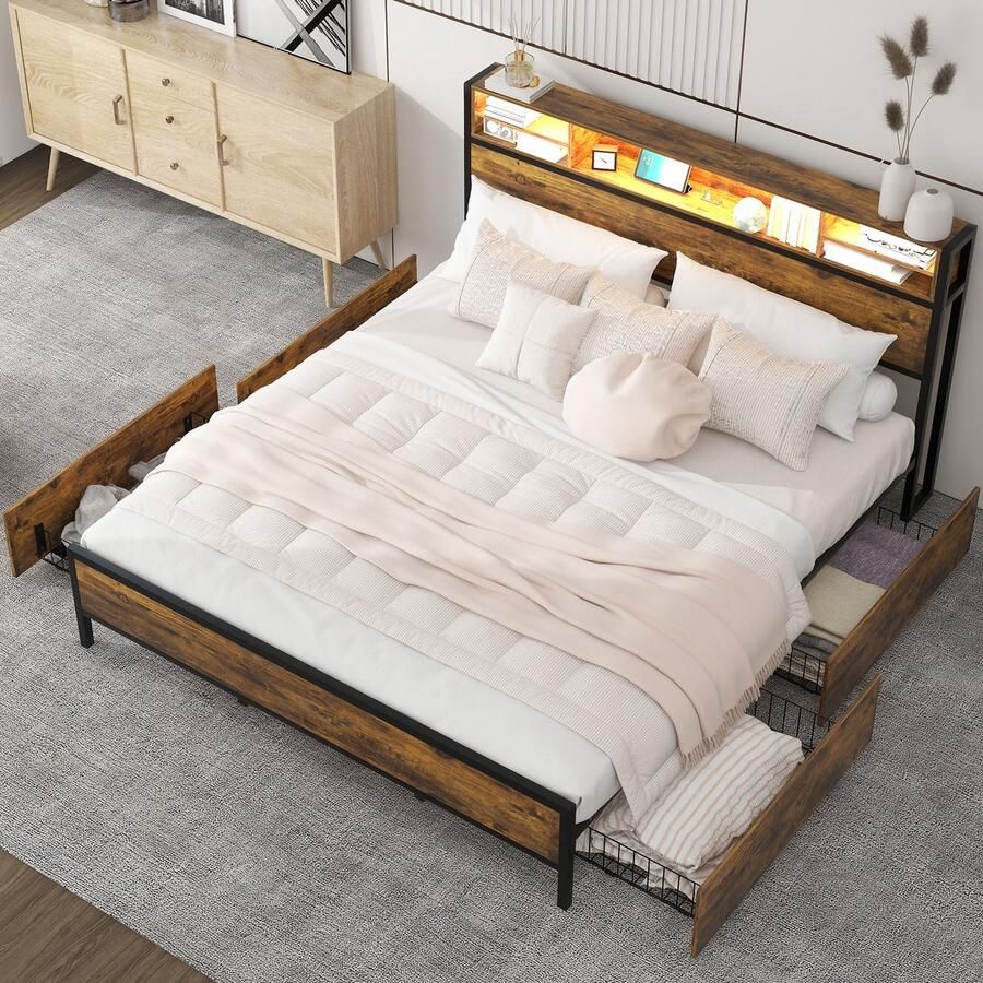 Merax Tweepersoonsbed 180x200 cm met LED-verlichting voorzien van USB-oplaadpoort met 4 lades en opbergfunctie bruin zonder matras