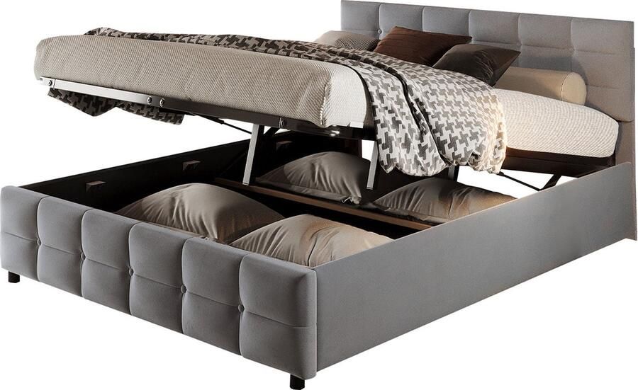 Merax Boxspringbed 180x200 cm Gestoffeerd Bed met Lattenbodem Hydraulisch Opbergsysteem Fluwelen Bekleding Grijs