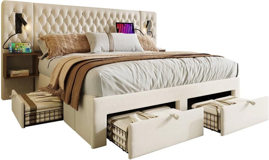 Merax Tweepersoonsbed 180x200 met Nachtkastjes en 4 Lades – Kingsize Bed met USB en Leeslamp – Beige