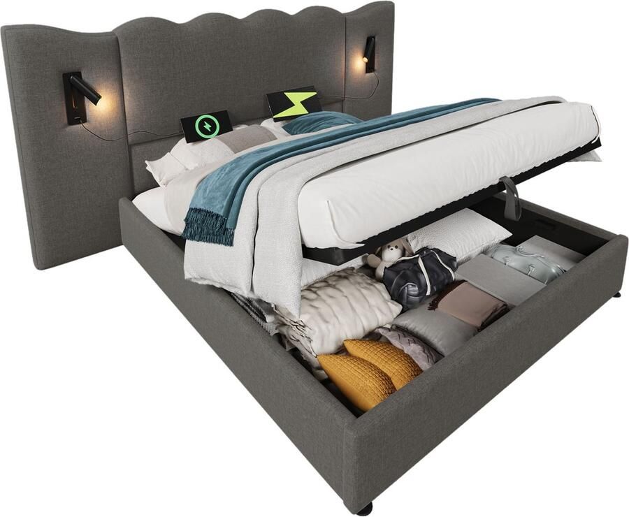 Merax Kingsize Tweepersoonsbed met Opbergruimte 180x200 cm Gestoffeerd Bed met Verstelbare Leeslamp en USB Type-C Aansluting Grijs Linnen