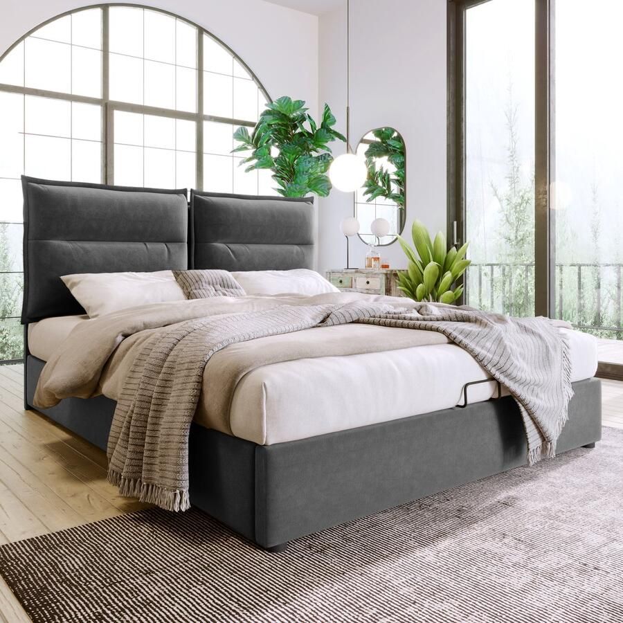 Merax Tweepersoonsbed gestoffeerd bed 140x200cm verstelbaar hoofdeinde modern bedframe met opbergruimte grijs zonder matras