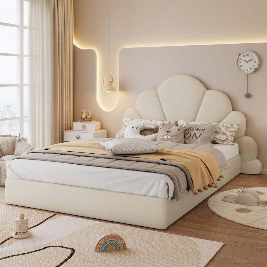 Merax Tweepersoonsbed gestoffeerd bed met gebogen hoofdeinde met gebogen bloemblaadjes modern bedframe fluweel beige 140x200 cm