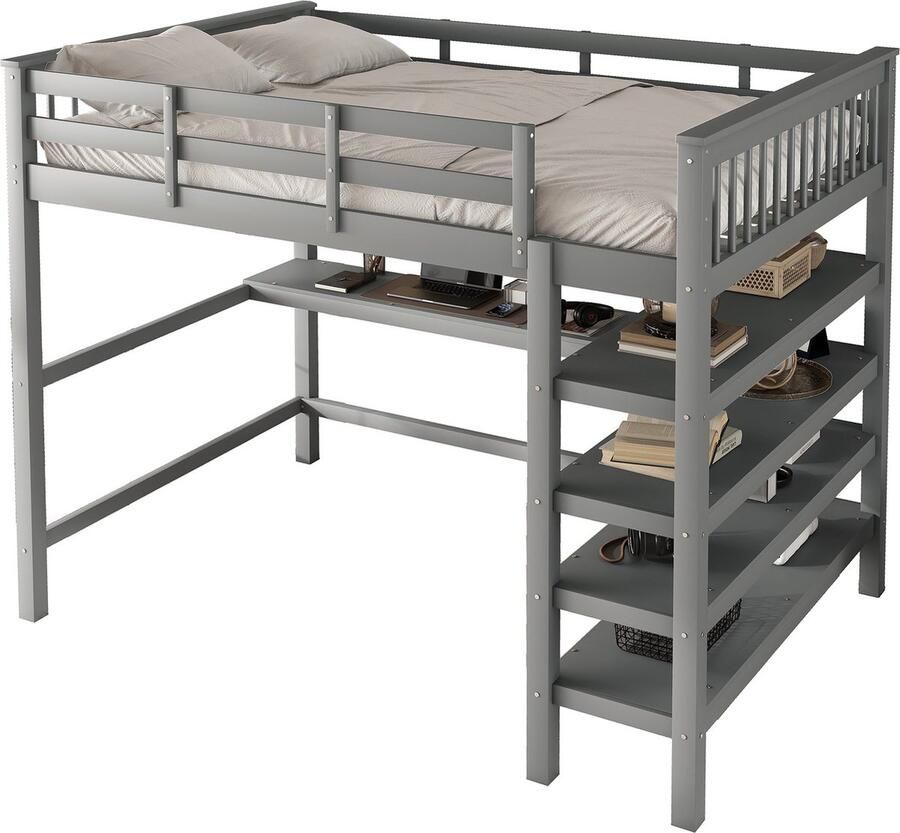 Merax Hoogslaper 140 x 200 cm Kinderbed met Opbergruimte en Bureau Zonder Matras Grijs