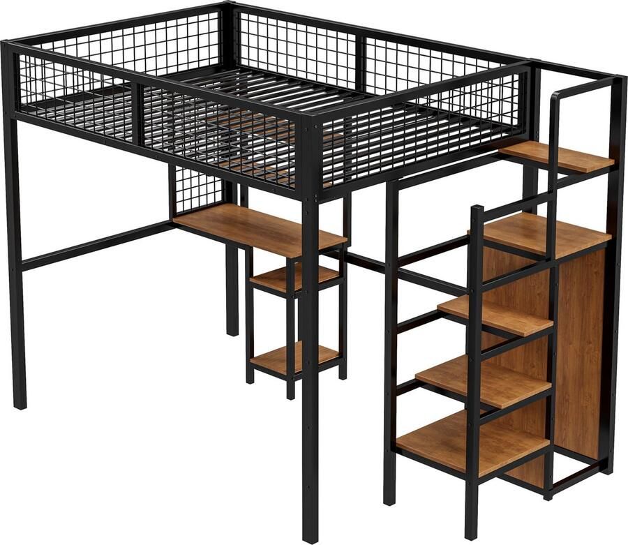 Merax Tweepersoonsbed Hoogslaper 140x200 cm met Bureau en Kast Bed met Metalen Frame Zwart met Bruin