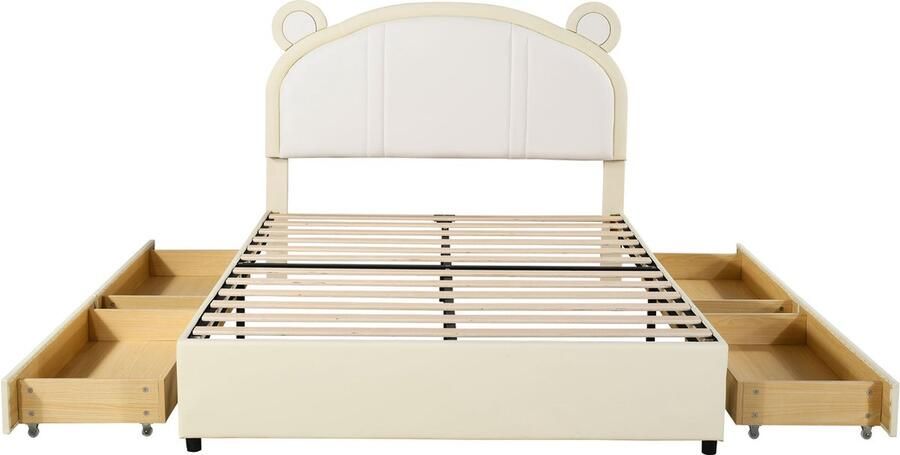 Merax Tweepersoonsbed in Berenvorm Kunstleer Gestoffeerd Kinderbed met Beren Oren Hoofdbord en 4 Opberglades Beige