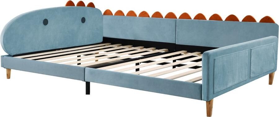 Merax Tweepersoonsbed in Dinosaurus Vorm 140x200 cm Gestoffeerde Slaapbank Bed Kinderbed in Fluwelen Stof Blauw