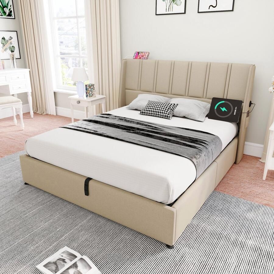 Merax Tweepersoonsbed inclusief 7-Zone Koudschuim Matras 140x200 cm Luxe Gestoffeerd Bed met USB-C Aansluiting Bedframe met Hydraulische Lattenbodem voor Opbergruimte Beige - Foto 2