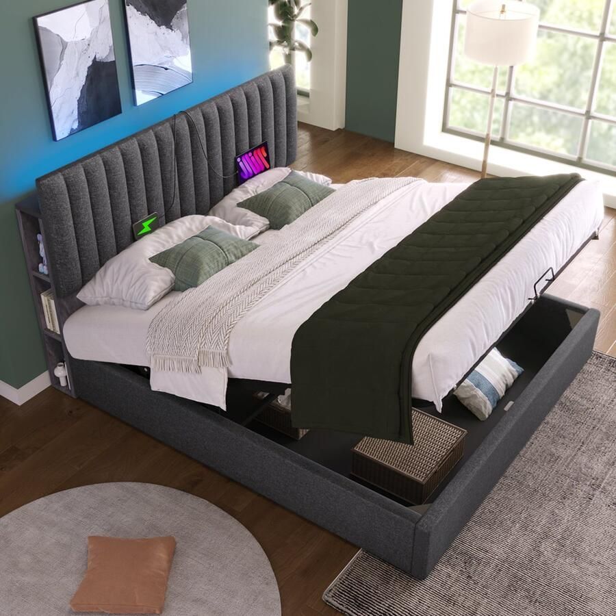 Merax Luxe Tweepersoonsbed 160x200 cm – Inclusief 7-Zone Koudschuim Matras – Gestoffeerd Bed met LED-Verlichting via App USB-C Aansluiting Hydraulische Opbergruimte & Verstelbaar Hoofdbord – Grijs