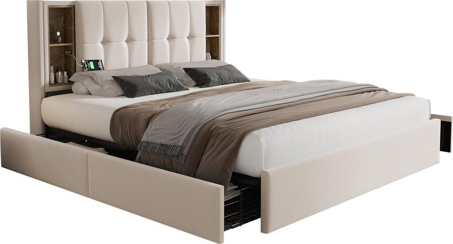 Merax Tweepersoonsbed met Draadloos Opladen en USB-C Aansluiting Luxe Gestoffeerd Bedframe met 4 Lades Beige Fluweel