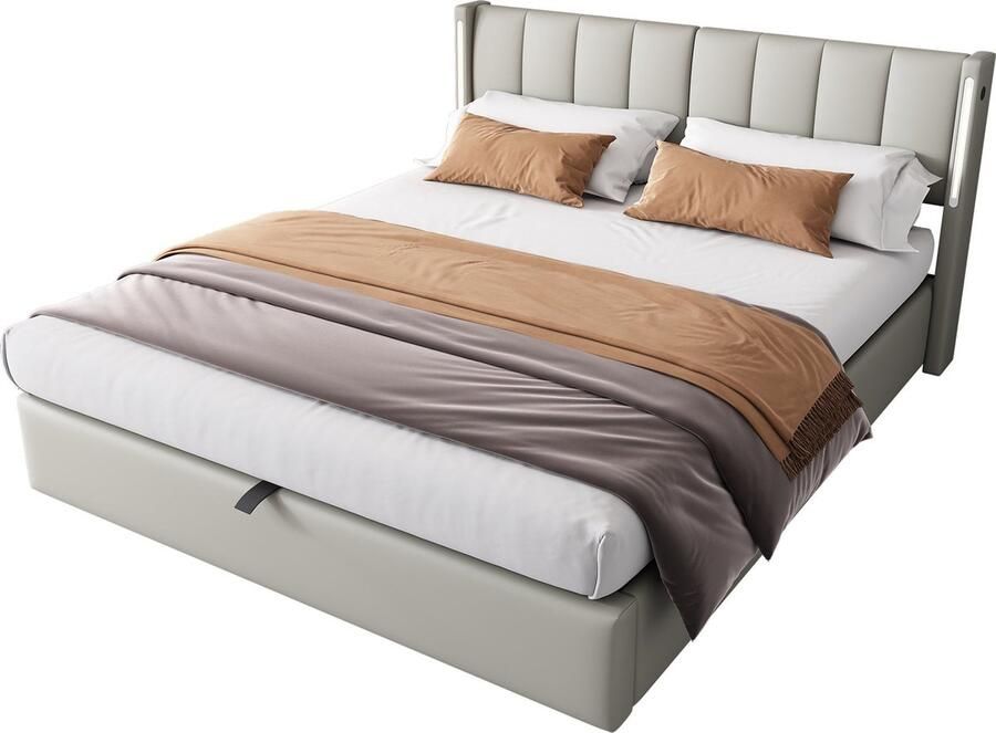 Merax Queensize Tweepersoonsbed 160x200 cm in Kunstleer Gestoffeerd Luxe Bed met USB en LED Verlichting Bedframe met Hydraulische Opbergruimte en Verstelbaar Hoofdbord Grijs