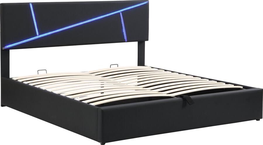 Merax Tweepersoonsbed met LED Verlichting en Hydraulische Opbergruimte 160x200 cm Kunstleer Gestoffeerd Bed Synthetisch Leer Zwart