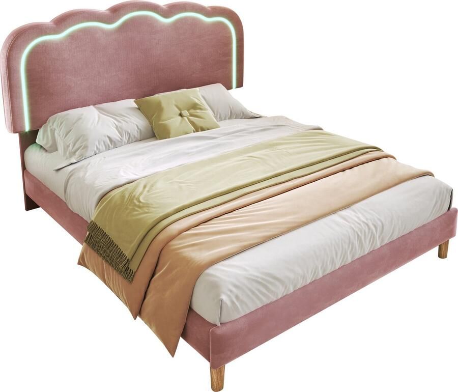 Merax Gestoffeerd Bed met LED Verlichting Verstelbaar Hoofdbord en Fluwelen Stof 140x200 cm Roze (Zonder Matras) - Foto 2