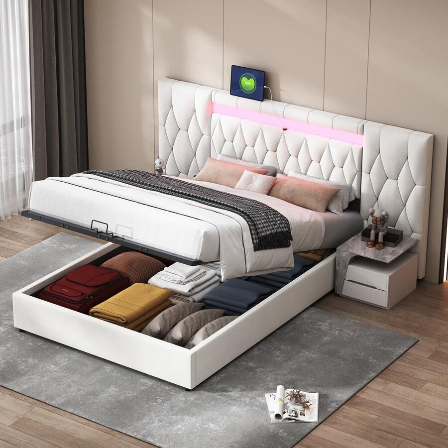 Merax Tweepersoonsbed met Luxe Groot Hoofdbord 140x200 cm en LED-Verlichting Gestoffeerd Bed met USB Aansluiting en Hydraulisch Opbergruimte Beige