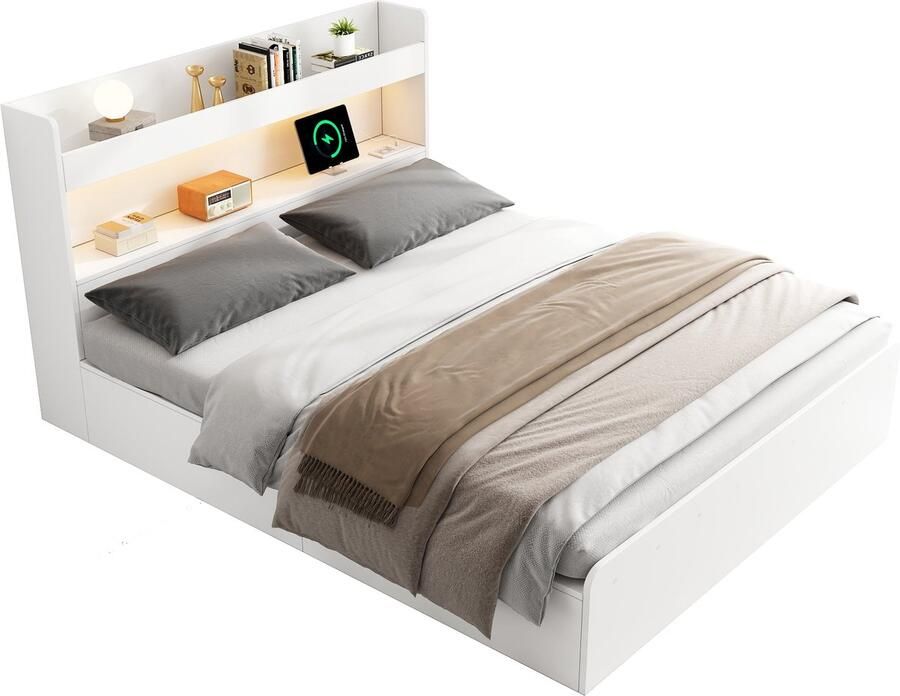Merax Tweepersoonsbed met Opbergruimte 140x200 cm Bed met LED Verlichting USB en Stopcontact Zonder Matras Wit Hout