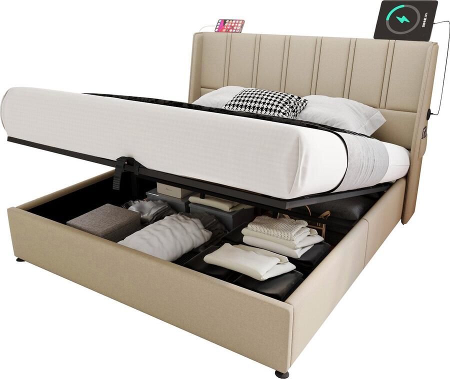 Merax Kingsize Tweepersoonsbed 180x200 cm met USB-C Aansluiting Luxe Gestoffeerd Bed met Hydraulisch Lattenbodem en Opbergruimte Beige Linnen