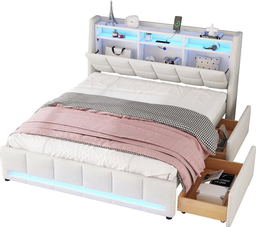 Merax Polsterbett 140 x 200 cm Ohne Matratze APP-Fernbedienung LED-Licht Bett mit Schubladen mit Steckdosen und USB Eingebautes Staufach Leinen Beige
