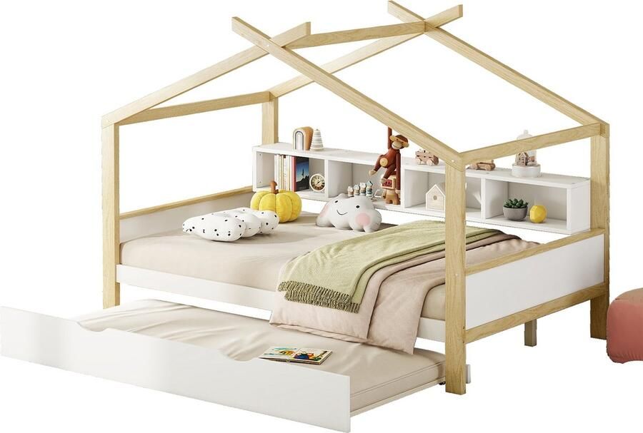 Merax Tweepersoonsbed voor Kinderen 140x200 cm Met Extra Uitschuifbaar Eenpersoonsbed 90x180 cm Kinderbed in Huisvorm met Opbergruimte Wit met Naturel Hout Bruin