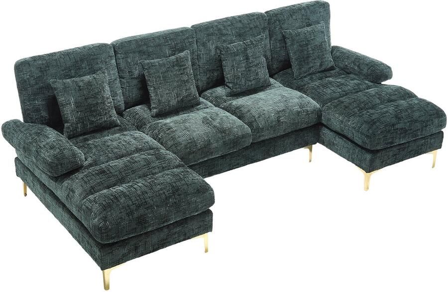 Merax U Vorm Slaapbank Fluweel Smaragdgroen – Groot Hoekbank met 2 Ligplekken en Gouden Poten – Luxe Chenille Lounge Sofa voor Woonkamer en Villa