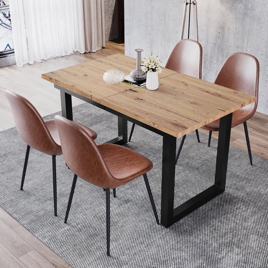 Merax Uitbreidbare Eettafel in Industriële Stijl Rechthoekige Eettafel Modern Multifunctioneel Eettafel Eikenlook met Zwart