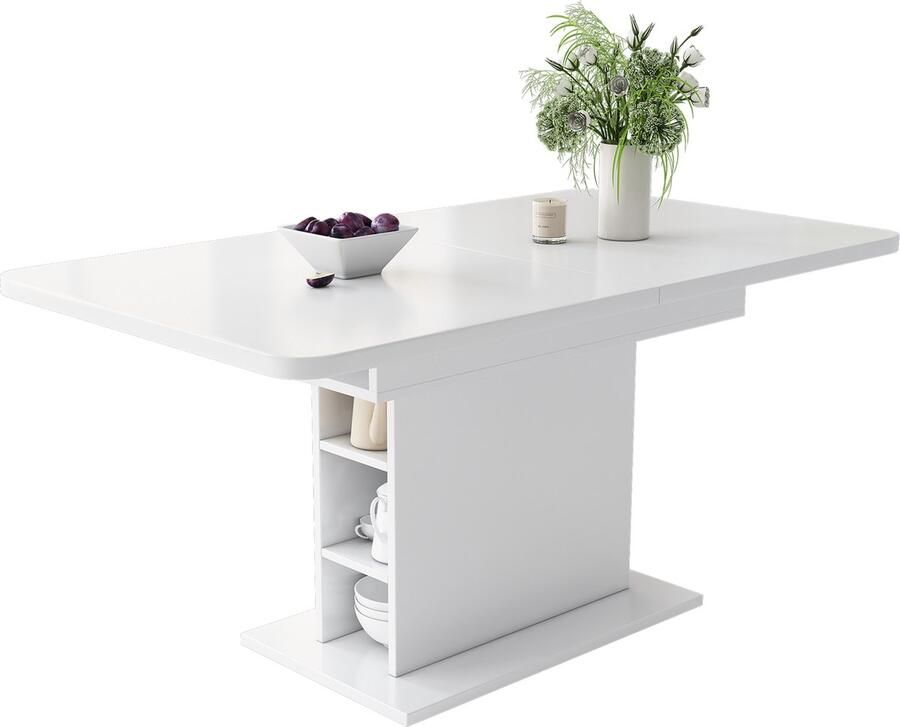 Merax Uitbreidbare Eettafel met Opbergruimte Witte Multifunctionele Tafel Ruimtebesparend en Modern Ontwerp Ideaal voor Eten en Werk Inclusief Montage