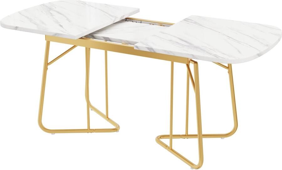 Merax Uitbreidbare Witte Eettafel met Marmerstructuur en Vergulde Metaalpoten 140 180x80 cm – Luxe Stijl voor 4–6 Personen