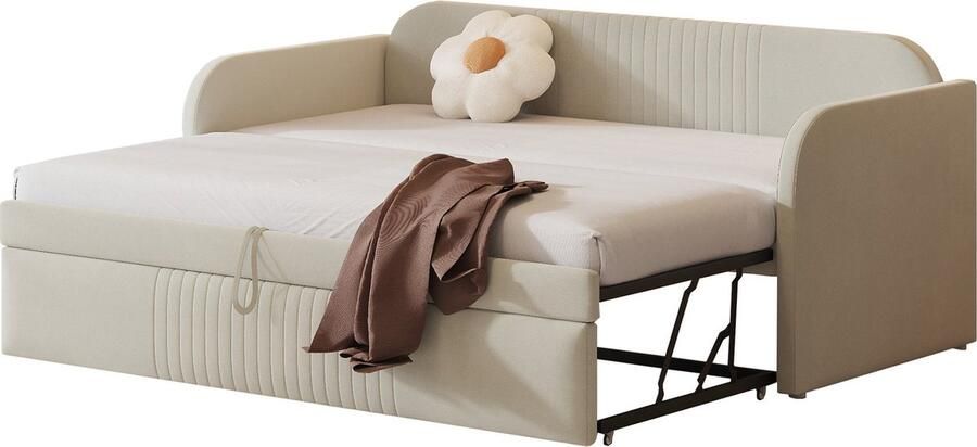 Merax Uitklapbare Gestoffeerde Slaapbank 90 180x190 cm – Multifunctionele Slaapbank Linnenstof Beige – Met Lattenbodem (Zonder Matras)