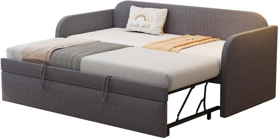 Merax Uitklapbaar Gestoffeerd Bed 90x190 180x190 Multifunctioneel Slaapbank Met Lattenbodem Grijs