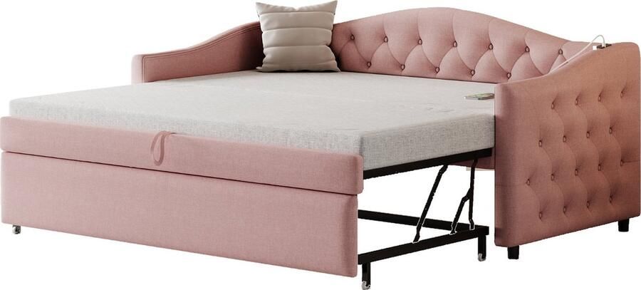 Merax Bedbank 90x200 Cm Slaapbank Met Lattenbodem En Usb-Aansluiting Multifunctioneel Logeerbed In Roze Linnen