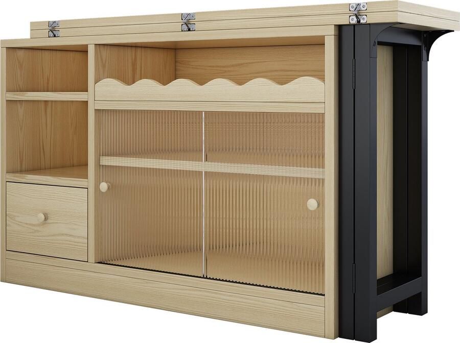 Merax Uitklapbare Bartafel met Opbergruimte – Moderne Multifunctionele Eettafel – 360° Draaibaar – Natuurlijk Hout Bruin met Zwart