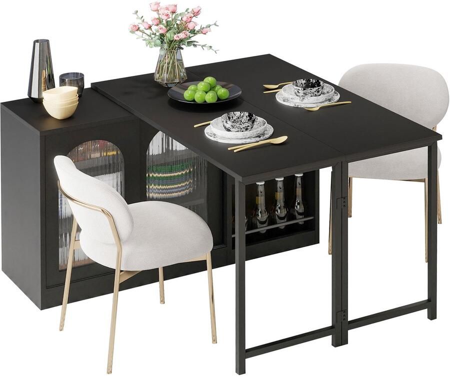 Merax Uitklapbare Bartafel Zwart 360° Draaibaar Met Opbergruimte En Glazen Deur – Moderne Barmeubel Voor Keuken Of Woonkamer