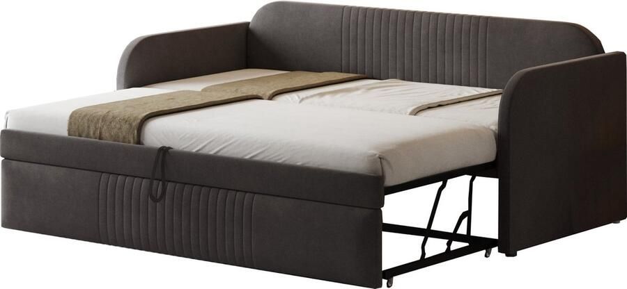 Merax Polsterbett Uitklapbaar Slaapsofa 90 180x190 cm – Met Vertikale Strepen Met Lattenbodem Multifunctioneel Bed Comfortabel en Ademend Linnen Grijs (Matratze Niet Inbegrepen)