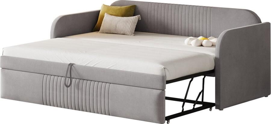 Merax Uitklapbare Slaapbank 90 180x190 cm – Stijlvol Logeerbed met Lattenbodem – Multifunctioneel Design met Verticale Strepen – Lichtgrijs Linnen (Excl. Matras)