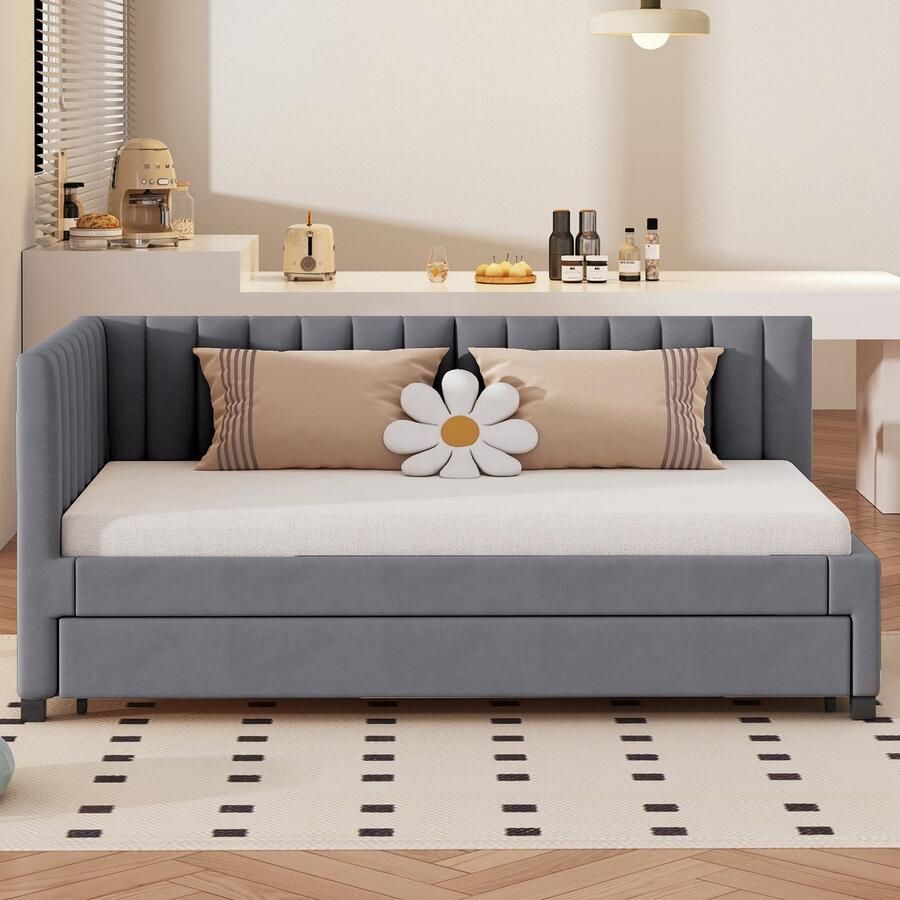 Merax Gestoffeerd Bed 90x200 cm – Uitschuifbaar Slaapbankje – Multifunctioneel Bed met Lattenbodem – Kinderbed & Logeerbed – Fluwelen Bekleding – Grijs - Foto 2