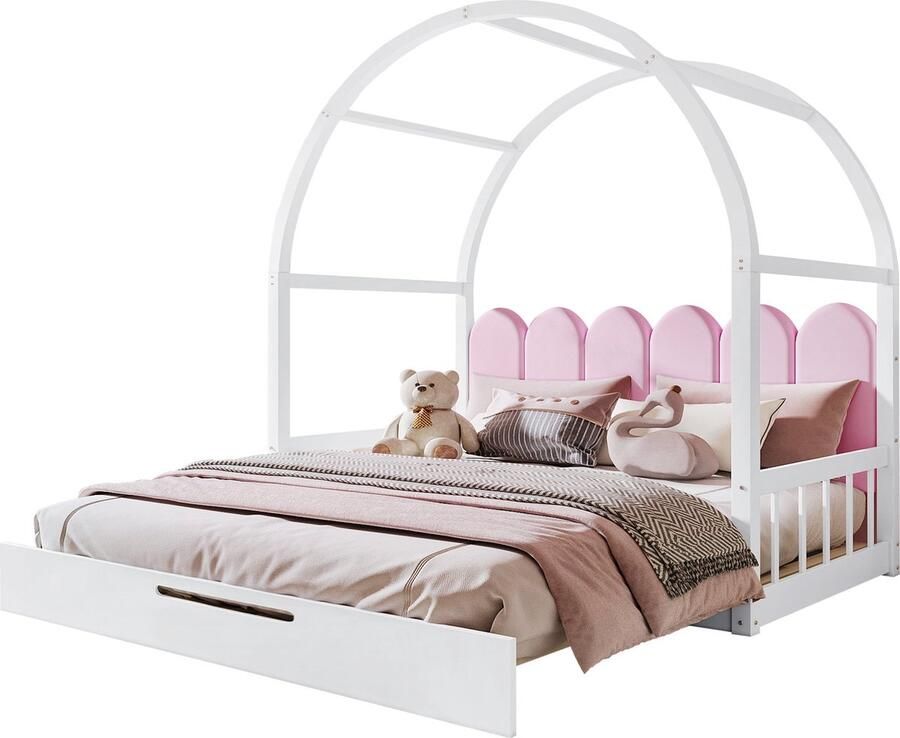 Merax Uitschuifbaar Kinderbed met Gebogen Dak – Schuifbed Dagbed en Tweepersoonsbed Wit en Roze (140x100 cm & 140x200 cm)