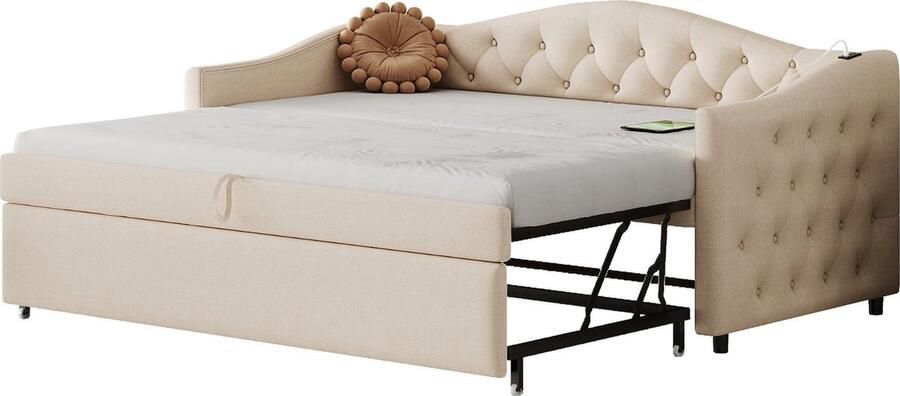 Merax Uitschuifbaar Slaapbank 90x200 cm – Multifunctioneel Bed met USB-Aansluiting Linnen Bekleding en Lattenbodem – Beige