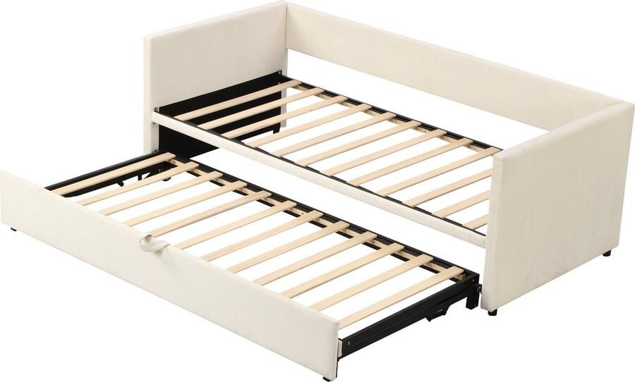 Merax Uitschuifbaar Slaapbank Bed 90 180x200 cm Samtstoff Beige Multifunctioneel Bed met Lattenbodem