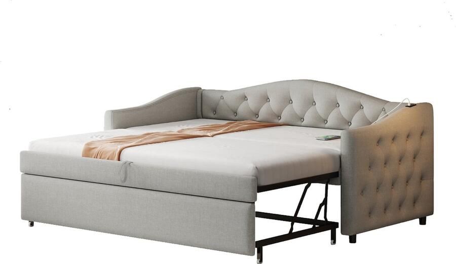 Merax Uitschuifbaar Slaapbankbed 90x200 cm – Multifunctioneel Bed met USB-Aansluiting Linnen Bekleding en Lattenbodem – Grijs (Zonder Matras)