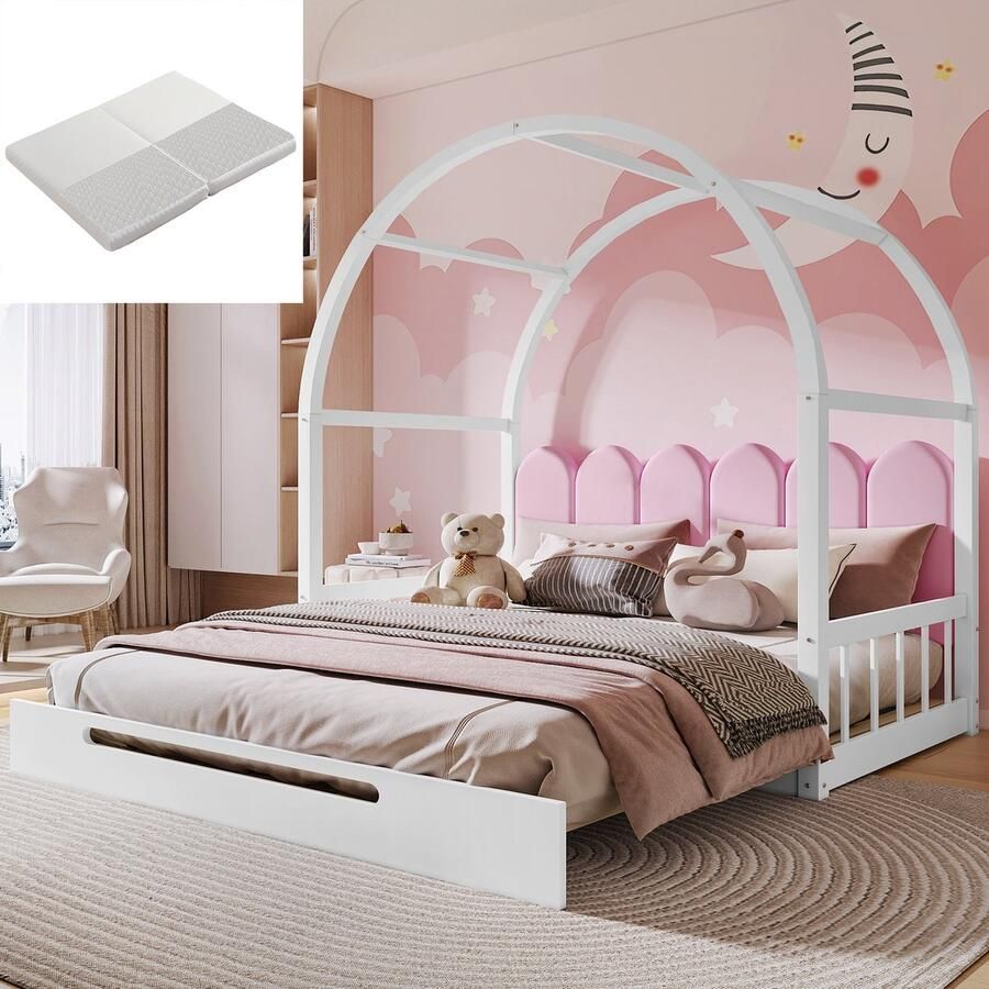 Merax Uitschuifbaar Tweepersoonsbed met Hemel – Inclusief 2 Bijpassende Matrassen (140x200 & 140x100 cm) – Kinderbed & Slaapbank in Wit Roze