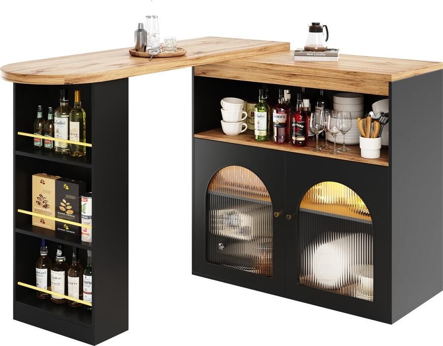 Merax Uitschuifbare Bartafel – 138-193 x 39 x 105 cm – Moderne Bar- en Eettafel met Opbergruimte Draai- en Verstelbaar – Inclusief LED Verlichting met Afstandsbediening – Zwart