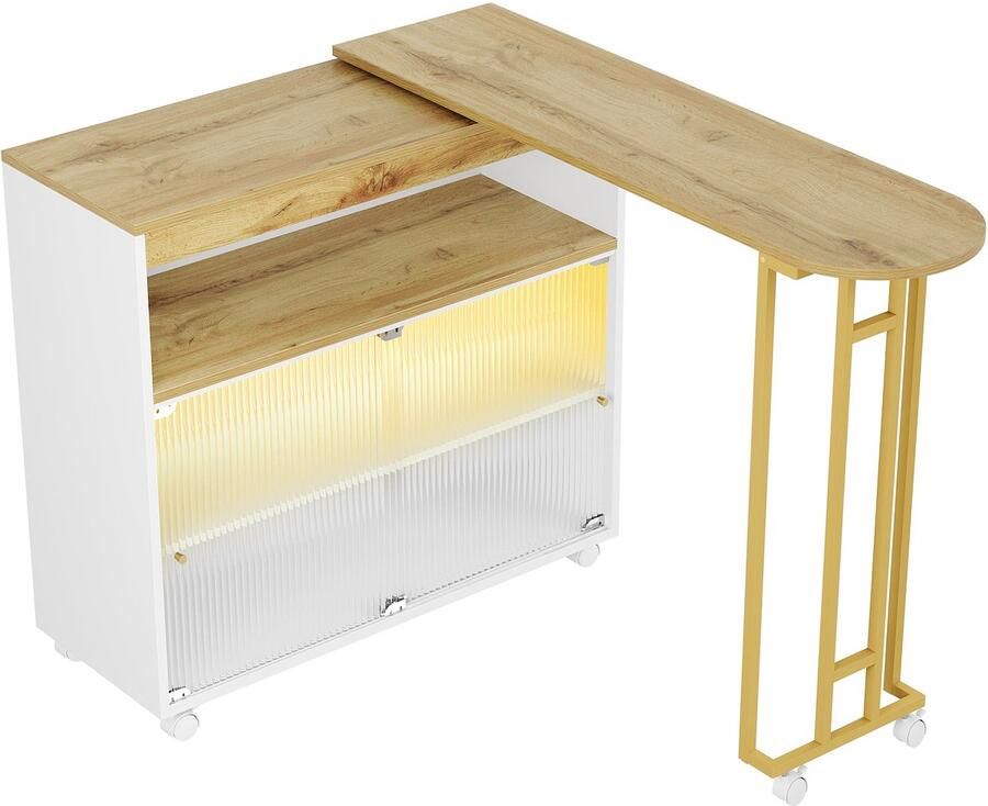 Merax Uitschuifbare Bartafel met Opbergruimte – Moderne Verplaatsbare Bar Table met LED-verlichting – Telescoop Stehtafel – Bistrotisch en Keukeneiland – Wit (138-204×39×105 cm)