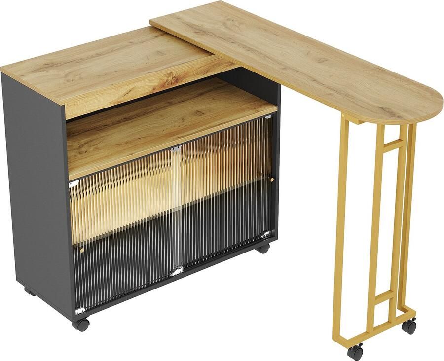 Merax Uitschuifbare Bartafel met LED-verlichting en Opbergruimte – Moderne Keukentafel met Glazen Schuifdeuren en Wielen – Zwart met Houtlook Bruin – 138-204×39×105 cm