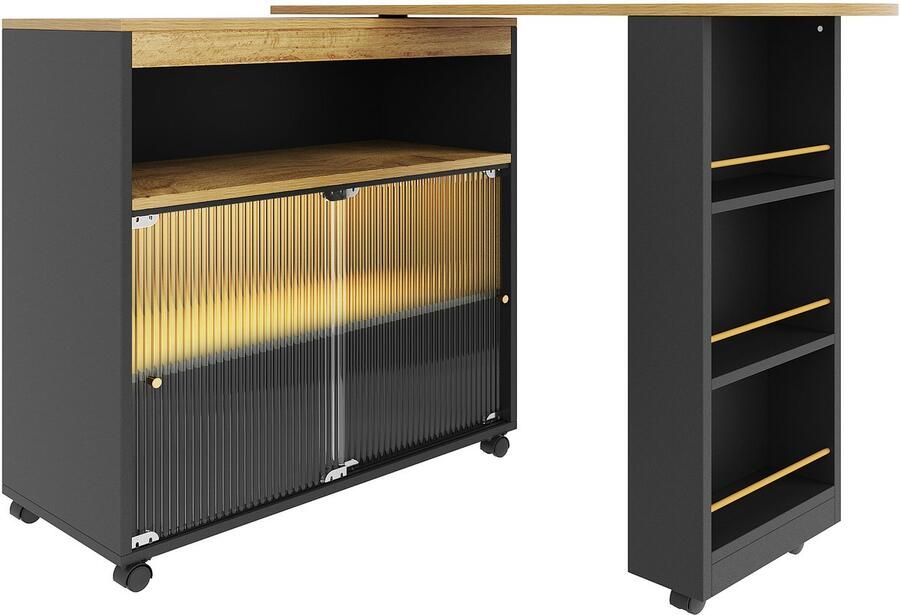 Merax Uitschuifbare Bartafel met LED Verlichting en Wieltjes Telescooptafel met Glazen Schuifdeuren en Veel Opbergruimte Moderne Bistrotafel Huisbar Zwart met Hout Bruin