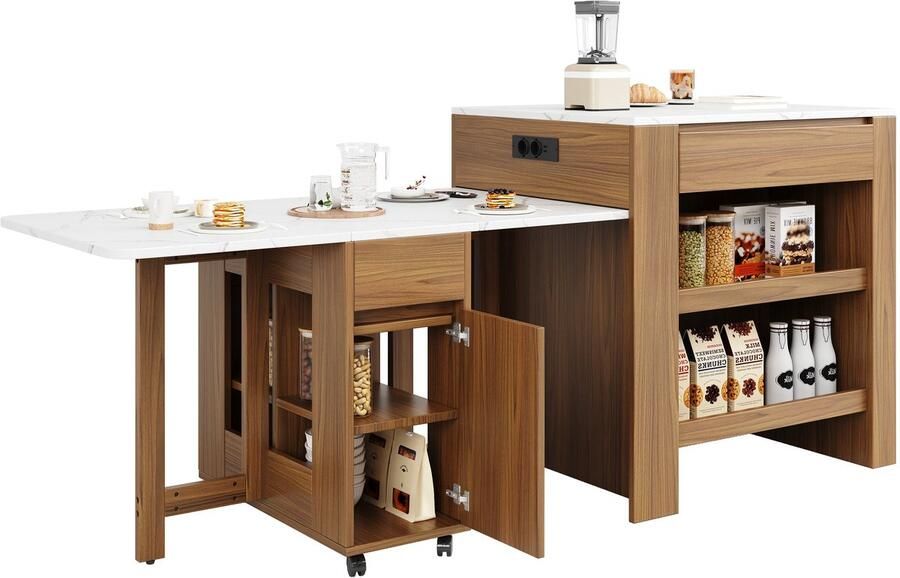 Merax Uitschuifbare Bartafel Met Opbergruimte – Keukeneiland Met Lades En Planken – Klapbare Tafel Met Wieltjes En Stopcontact – MDF Marmerlook – 110 tot 214x78x97.5 cm – Bruin