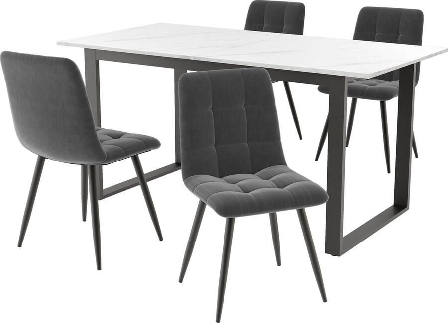 Merax Eettafelset 140 tot 180×80×75 cm Uitschuifbare Tafel met 4 Eetkamerstoelen – Moderne Eetkamerset MDF Tafelblad in Wit Zwarte Tafelpoten Grijze Fluwelen Stoelen