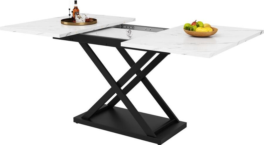 Merax Uitschuifbare Eettafel 120-160x80 cm Moderne Tafel met Kruisvormige Zwarte Metalen Poten Marmerlook Tafelblad Voor Keuken en Woonkamer Wit