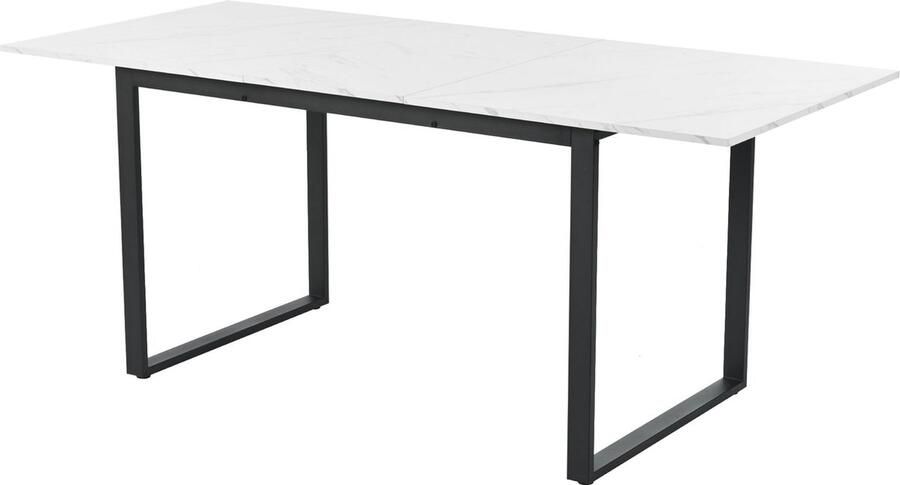 Merax Uitschuifbare Eettafel Uitklapbaar Tafel van 140x80x75 cm tot 180x80x75 cm Witte MDF Tafelblad met Marmerlook en Zwarte Metalen Poten