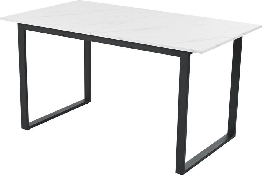 Merax Uitschuifbare Eettafel Uitklapbaar Tafel van 140x80x75 cm tot 180x80x75 cm Witte MDF Tafelblad met Marmerlook en Zwarte Metalen Poten - Foto 2