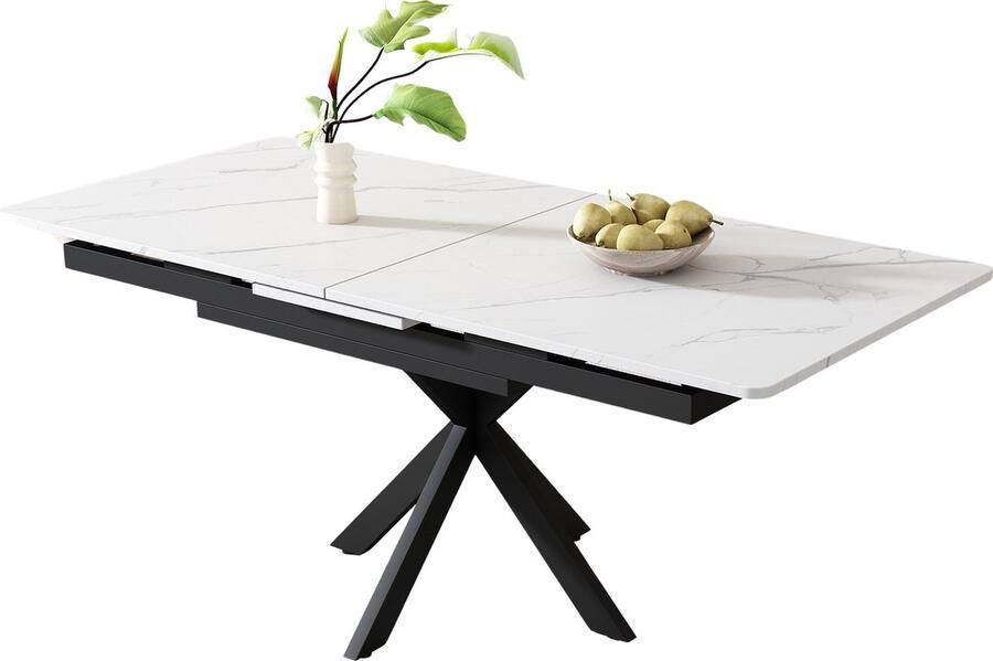 Merax Uitschuifbare Eettafel Automatisch Uitschuifbaar van 150 tot 180 cm – Tafel met Marmerlook Tafelblad – Kruispoot Design – Voor 4 tot 6 Personen – Zwart met Wit – 130 kg Draagkracht